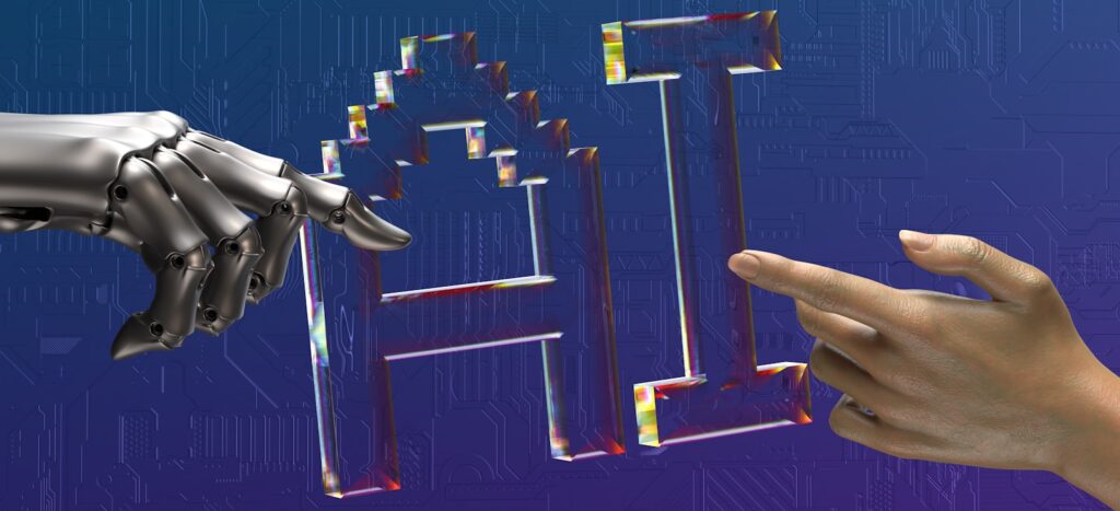 two hands touching each other in front of a blue background